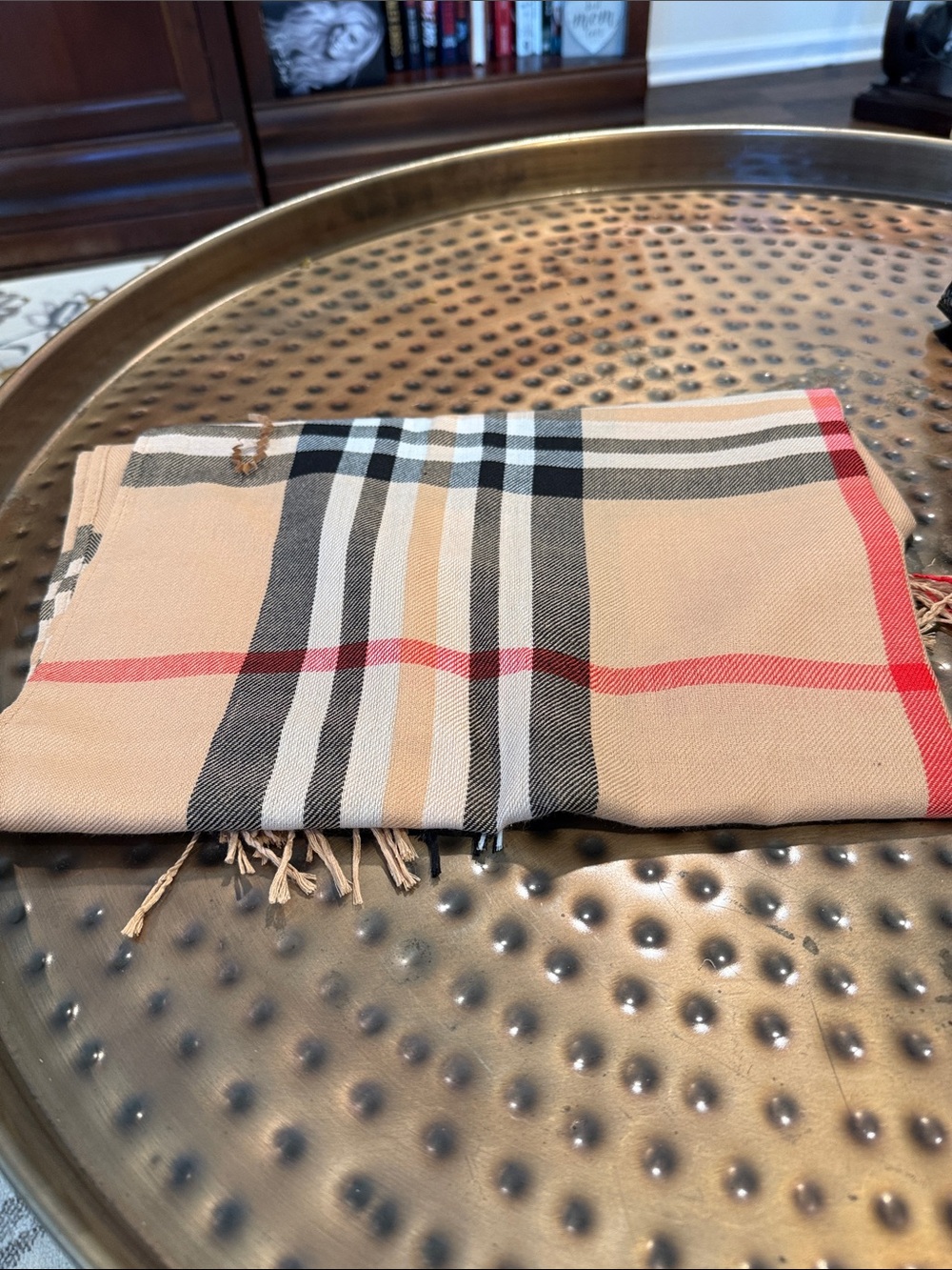 Classic Plaid Fringe Scarf in Beige and Black